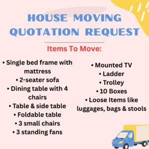 House moving quotation request with list of items to move