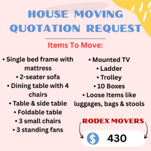 Rodex Movers Price Quotation for house moving enquiry