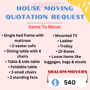 Shalom Movers Price Quotation For House Moving Enquiry