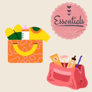 Essntials bag with clothes and baby bottle and toiletries bag with brush and paste